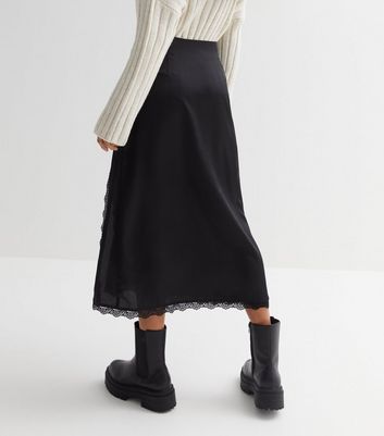Petite Black Satin Lace Trim Midi Skirt New Look