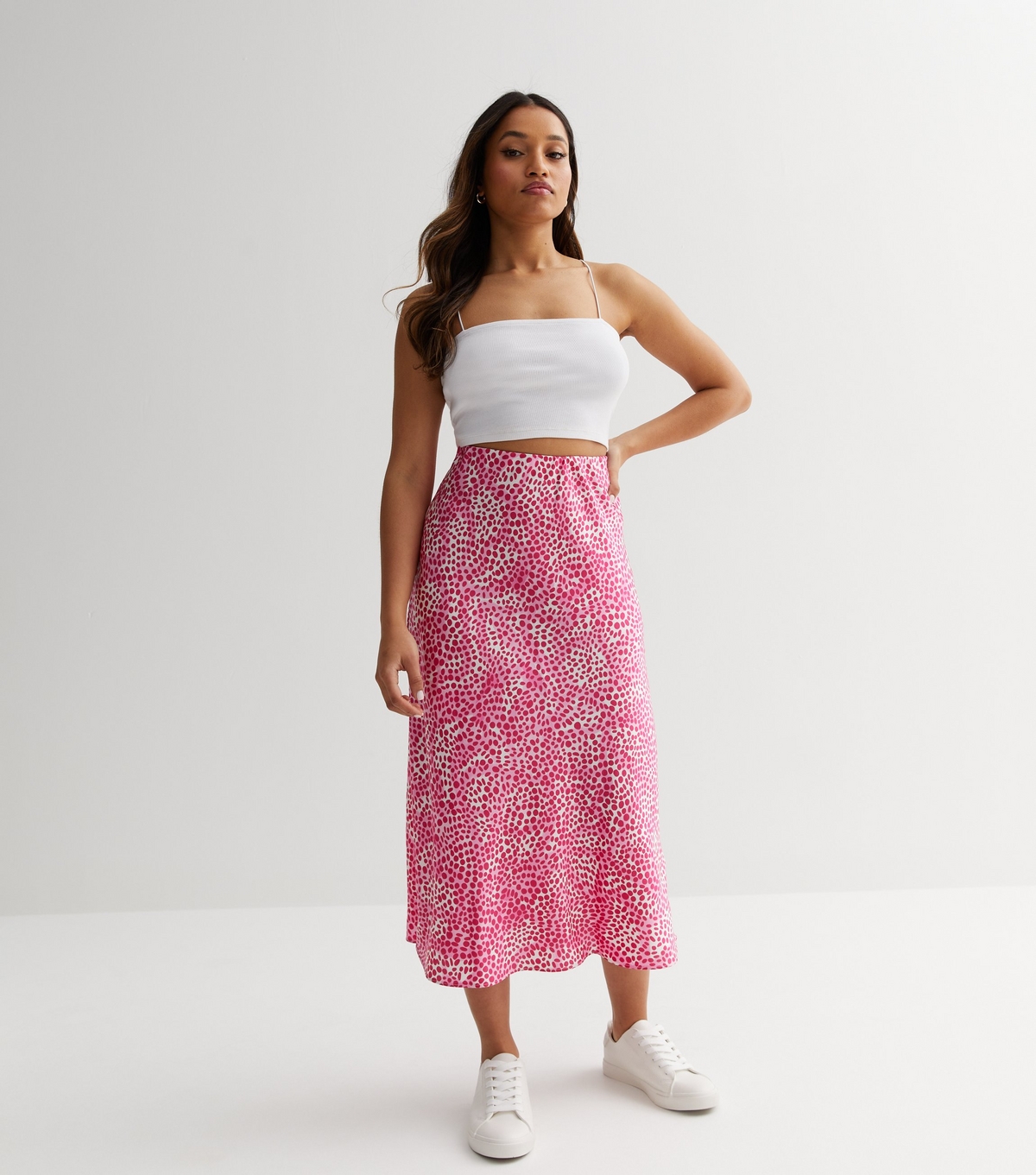 Women's Petite Pink Spot Satin Midi Skirt New Look