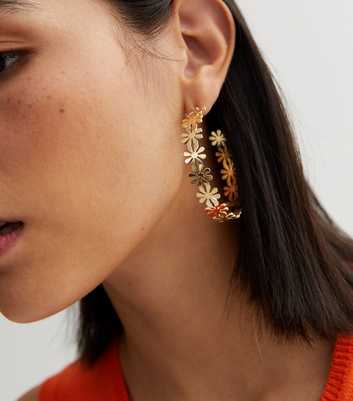 Gold Metal Flower Large Hoop Earrings