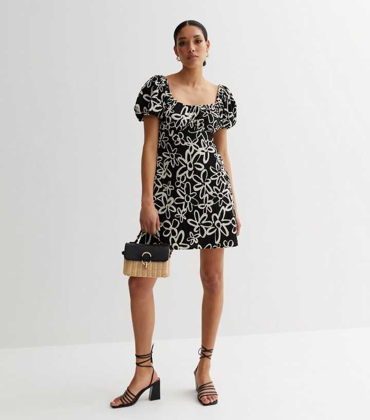 Black Floral Puff Sleeve Mini Dress