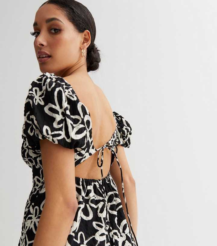 Black Floral Puff Sleeve Mini Dress | New Look
