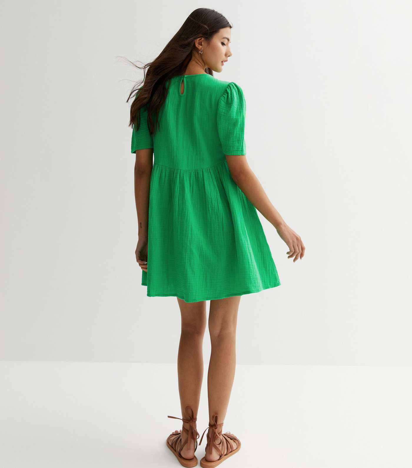 Green Cheesecloth Mini Smock Dress Image 4