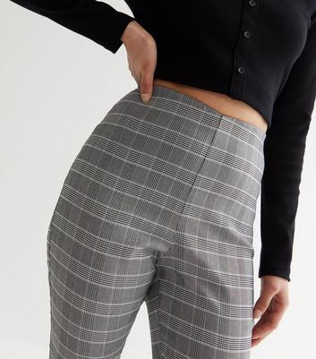 Petite Pale Grey Check High Waist Slim Stretch Trousers New Look