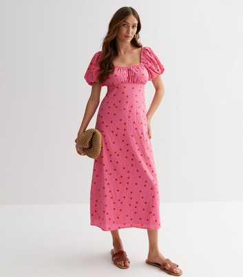 Pink Spotty Ruffle Sleeve Midi Dress