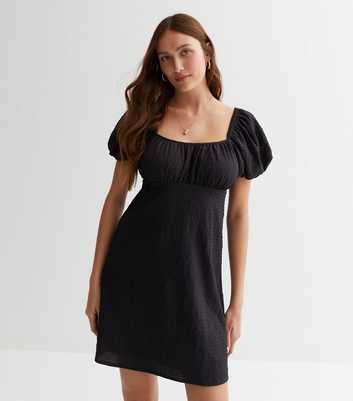 Black Textured Puff Sleeve Mini Dress