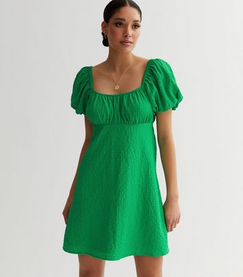 Green Textured Puff Sleeve Mini Dress New Look