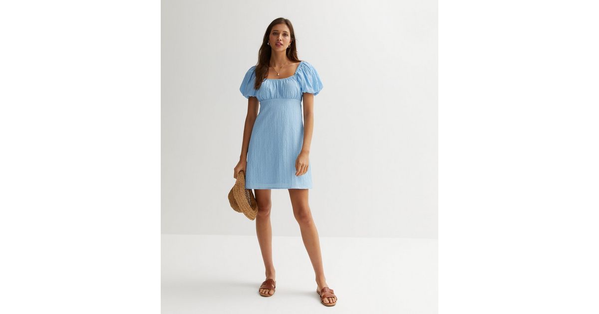 Pale Blue Textured Puff Sleeve Mini Dress | New Look