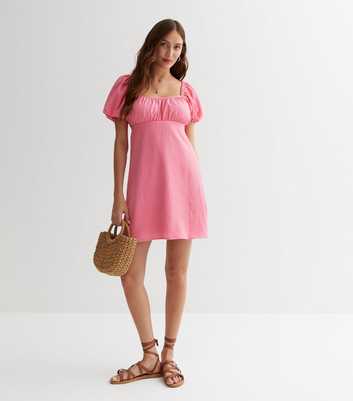 Bright Pink Textured Puff Sleeve Mini Dress