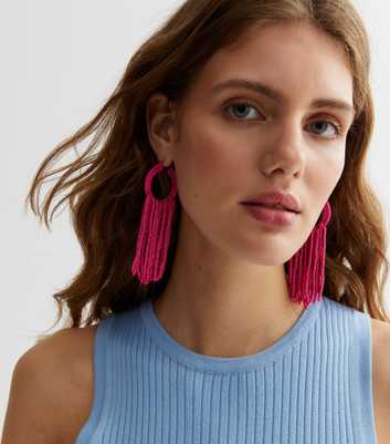 Bright Pink Beaded Tassel Earrings