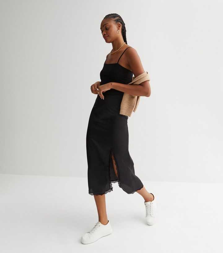 Tall Black Satin Lace Trim Split Midi Skirt | New Look