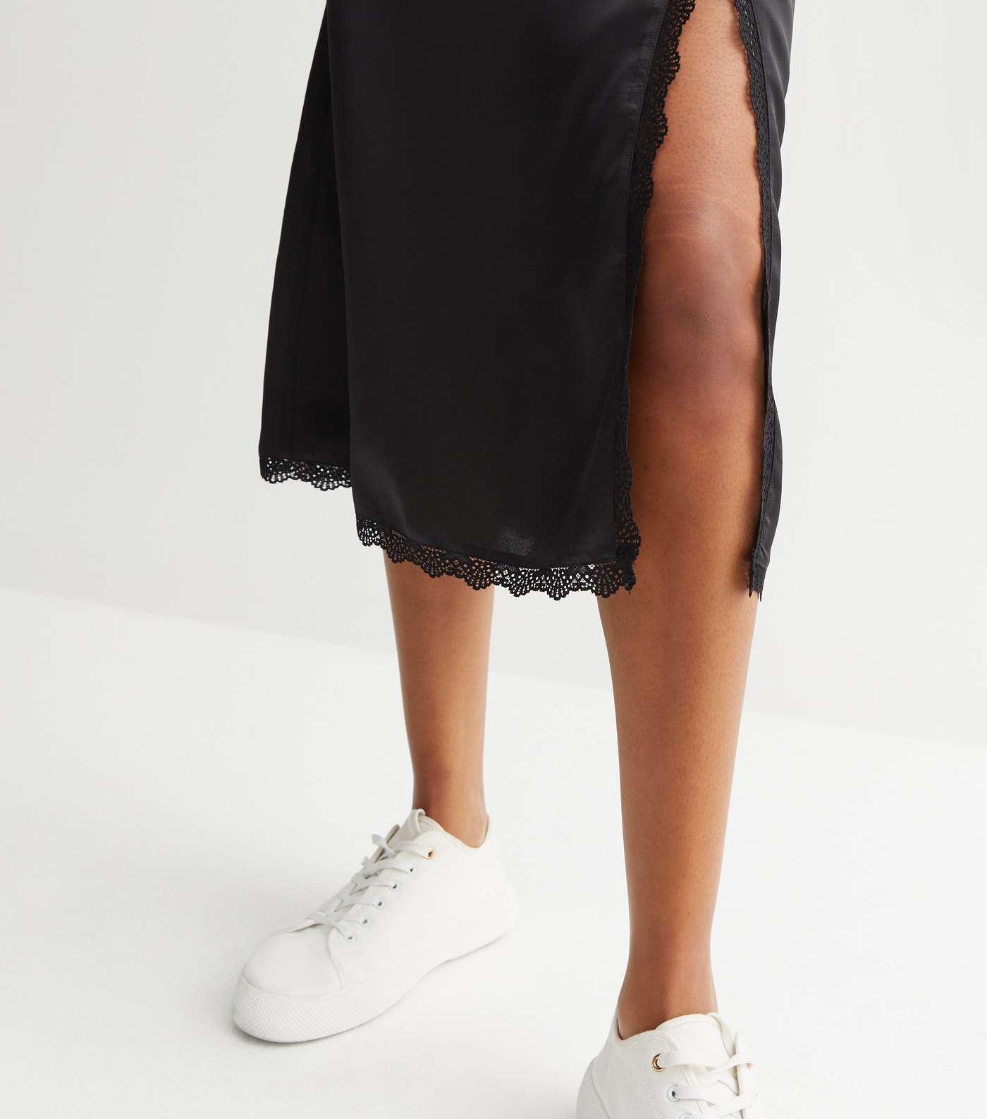 Tall Black Satin Lace Trim Split Midi Skirt Image 3