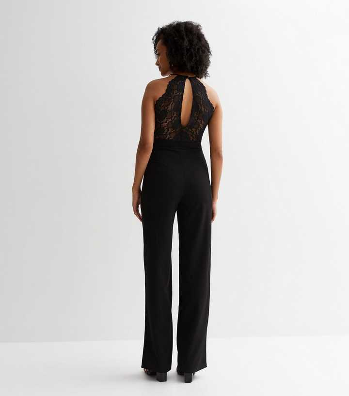 Tall Black Lace Open Back Halter Jumpsuit