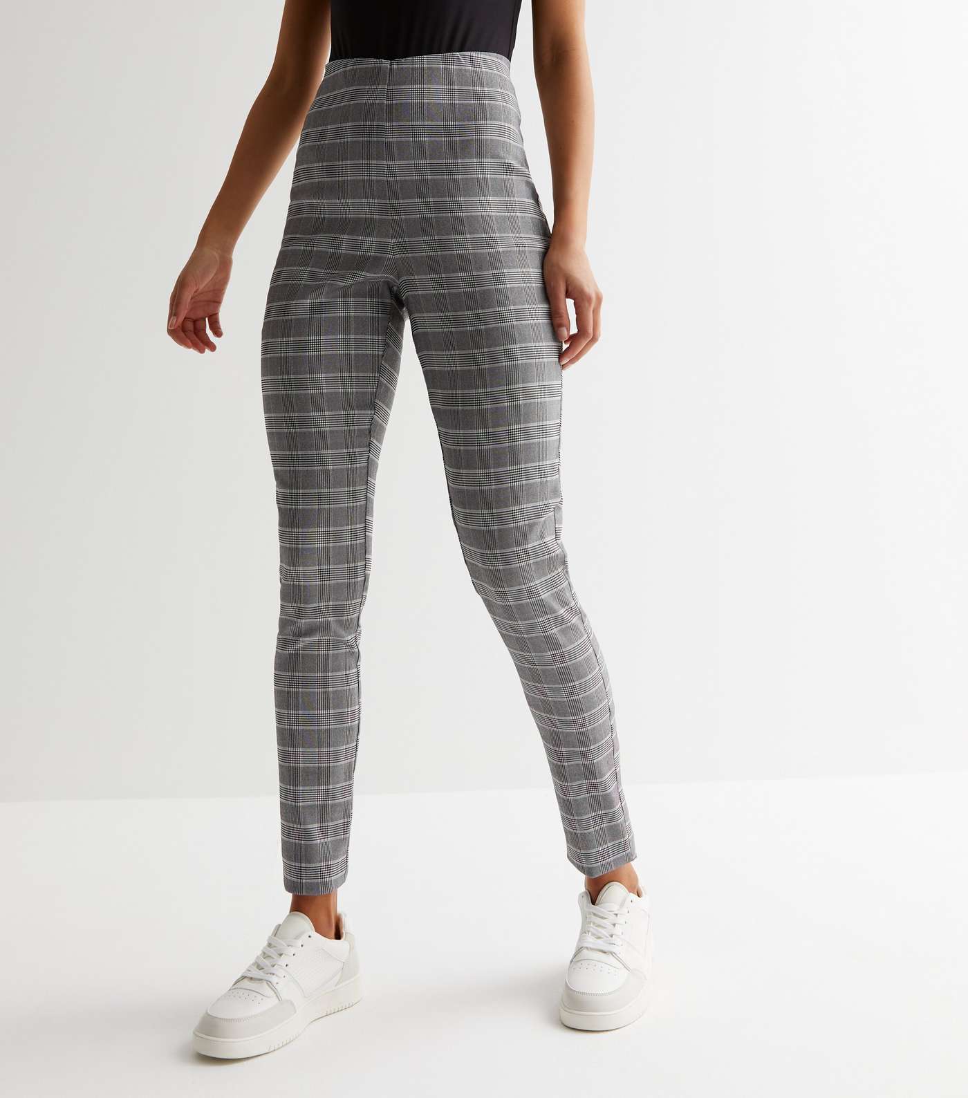 Tall Pale Grey Check High Waist Slim Stretch Trousers Image 2