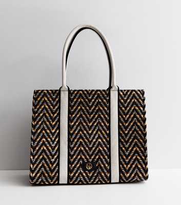 Black Chevron Straw Effect Large Tote Bag