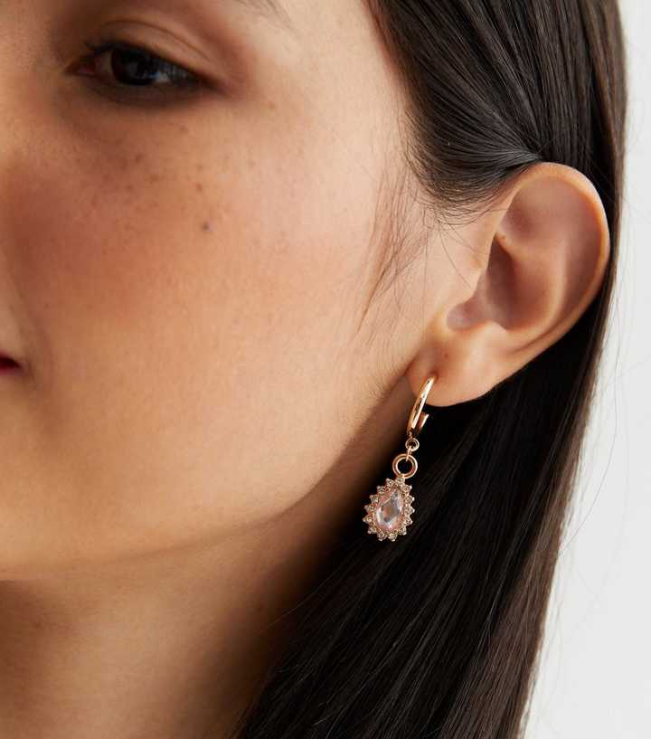 Gold Teardrop Gem Diamanté Charm Hoop Earrings