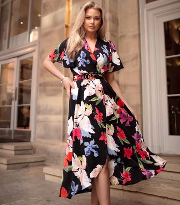 AX Paris Black Floral Belted Midi Wrap Dress New Look