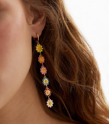 Multicoloured Enamel Daisy Drop Earrings New Look