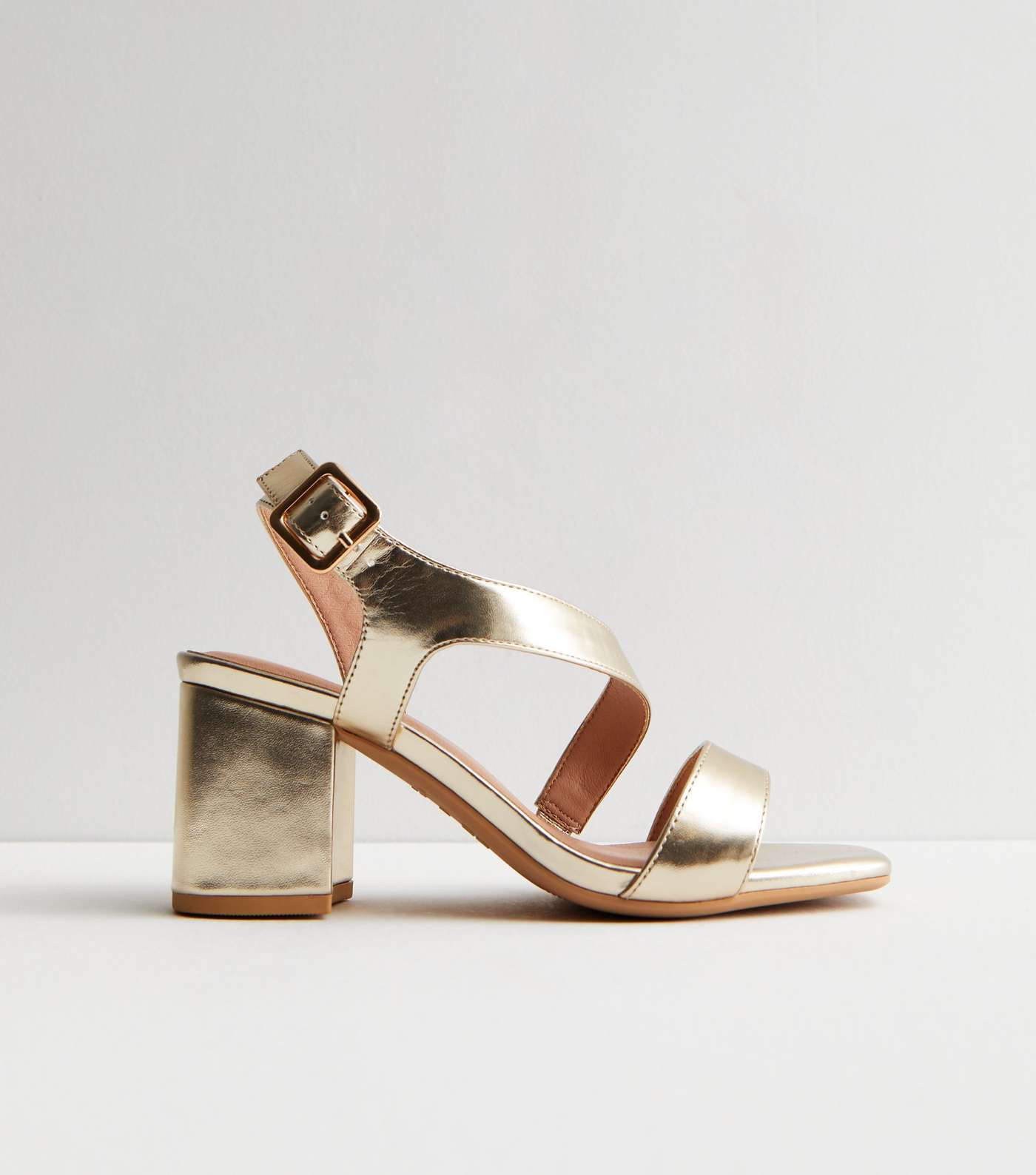 Wide Fit Gold Asymmetric Mid Block Heel Sandals Image 3