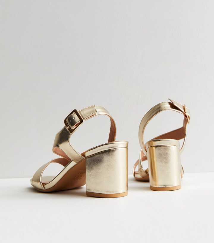 Wide Fit Gold Asymmetric Mid Block Heel Sandals New Look