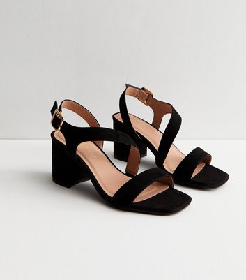 New Look Wide Fit suedette low block metal heeled sandals in black | ASOS