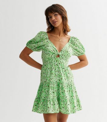 Green Floral Twist Front Mini Dress New Look