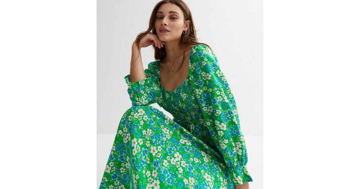 Green Floral Shirred Long Sleeve Midi Dress | New Look