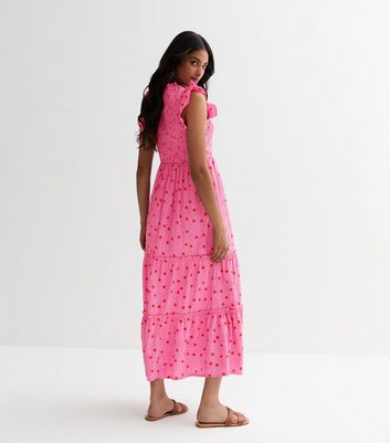 Pink Spot Frill Shirred Maxi Dress New Look