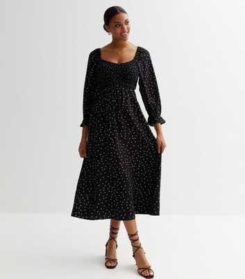 Black Spot Shirred Midi Dress