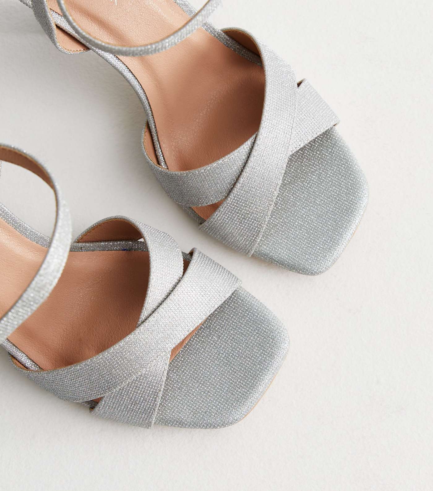 Silver Shimmer 2 Part Flared Stiletto Heel Sandals Image 3