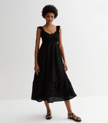 Black Ditsy Floral Shirred Midaxi Dress | New Look