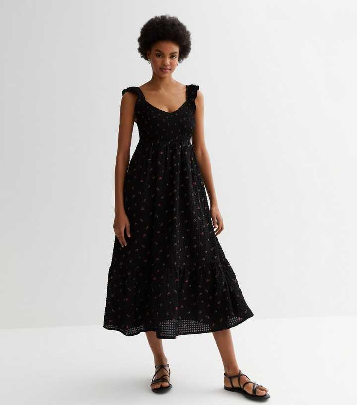 Black Ditsy Floral Empire Midi Dress, New Look