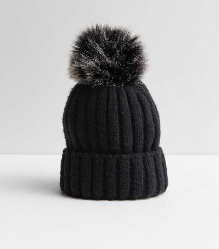 Dark Green Knit Faux Fur Pom Pom Bobble Hat