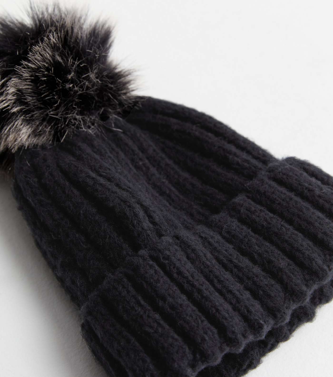 Black Knit Faux Fur Pom Pom Bobble Hat Image 3