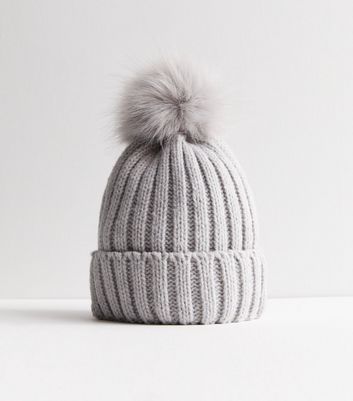 Pale Grey Knit Faux Fur Pom Pom Bobble Hat New Look