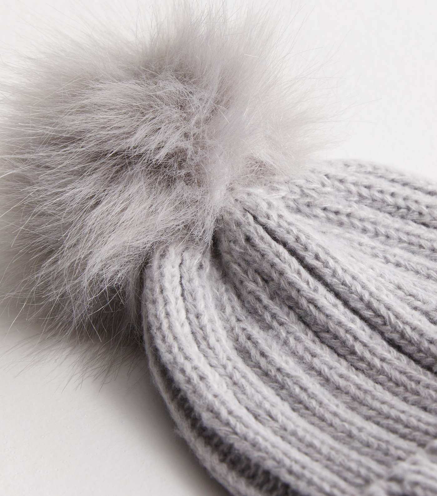Pale Grey Knit Faux Fur Pom Pom Bobble Hat Image 3