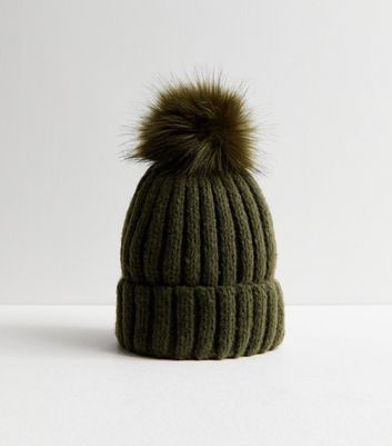 Khaki Knit Faux Fur Pom Pom Bobble Hat New Look