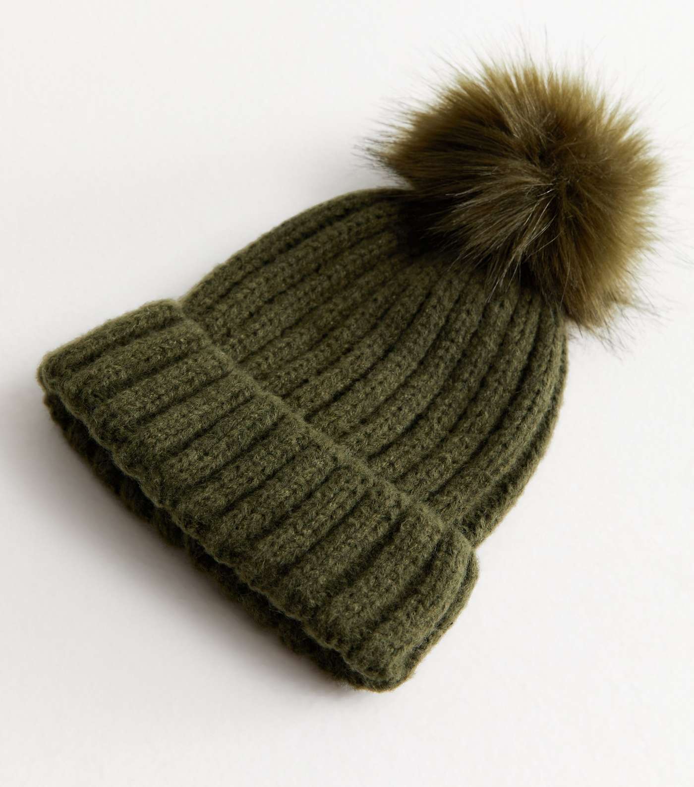 Khaki Knit Faux Fur Pom Pom Bobble Hat Image 3