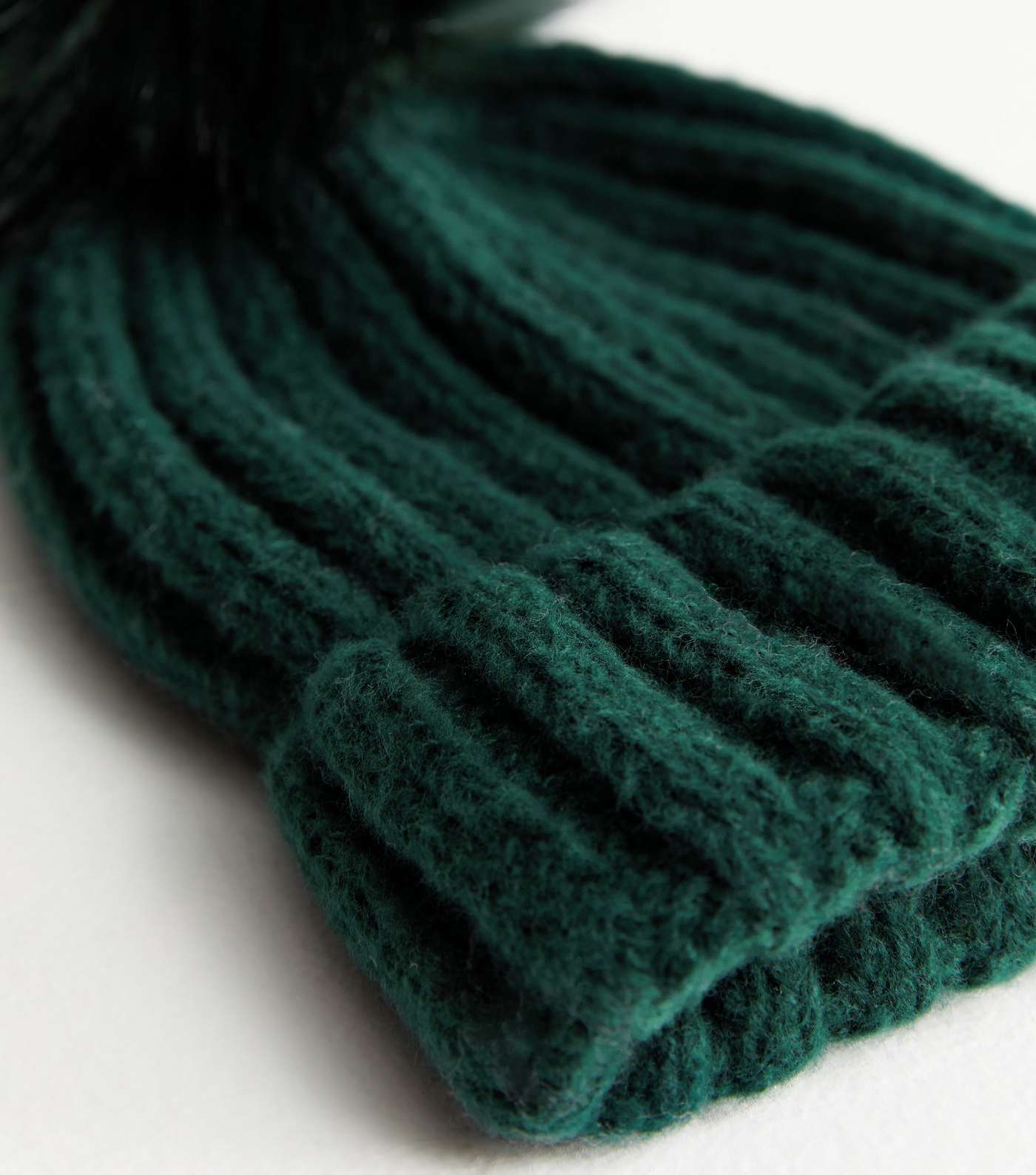Dark Green Knit Faux Fur Pom Pom Bobble Hat Image 3