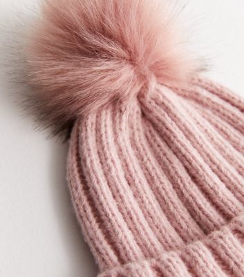 Mid Pink Knit Faux Fur Pom Pom Bobble Hat New Look