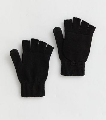 Black Knit Flip Top Fingerless Gloves New Look