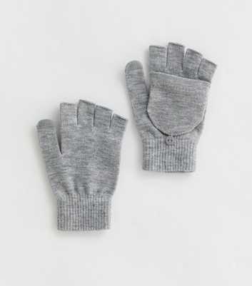 Pale Grey Knit Flip Top Fingerless Gloves