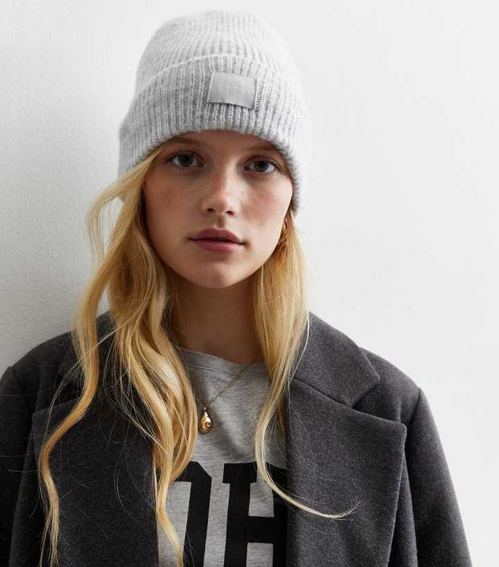 Pale Grey Ribbed Knit Tab Front Beanie