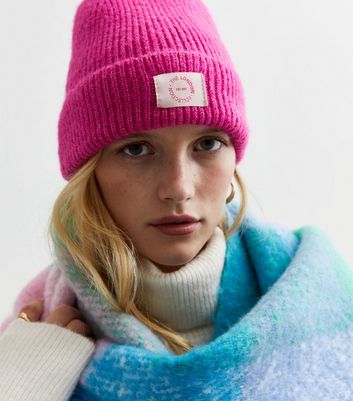Bright Pink Ribbed Knit Tab Front Beanie New Look
