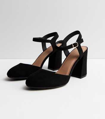 Wide Fit Black Suedette 2 Part Flared Heel Court Shoes