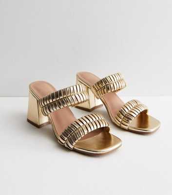 Gold Plaited Double Strap Block Heel Mule Sandals