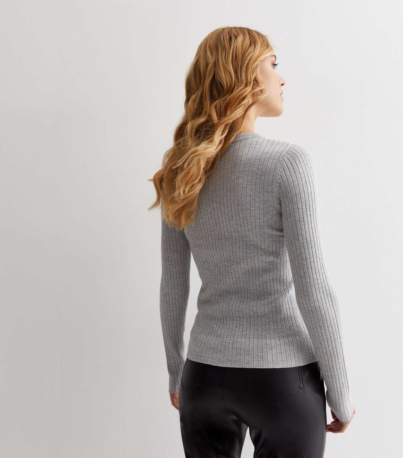 Pale Grey Ribbed Knit Long Sleeve Top Image 4