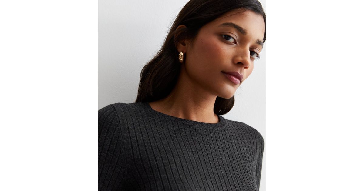 Cropped Ribbed Knitted Long Sleeve Top - Gray main image 1
