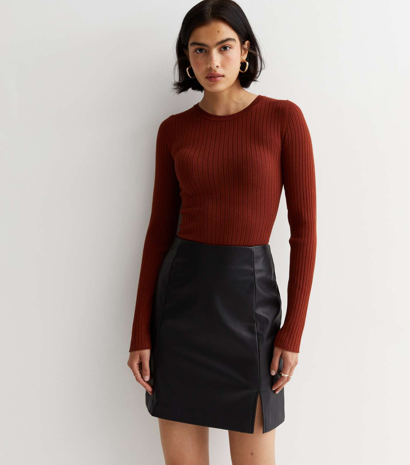 Rust Ribbed Knit Long Sleeve Top
