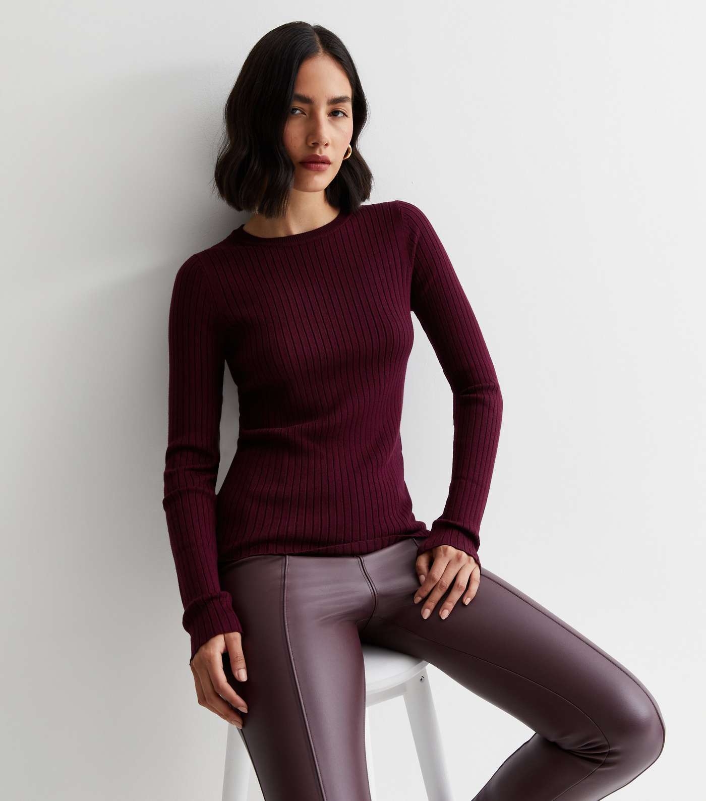 Burgundy Ribbed Knit Long Sleeve Top
