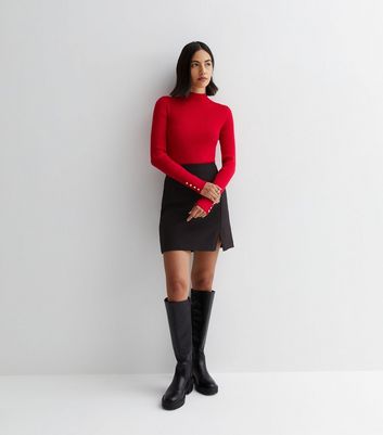 Dark Red Ribbed Knit Button Cuff Jumper New Look